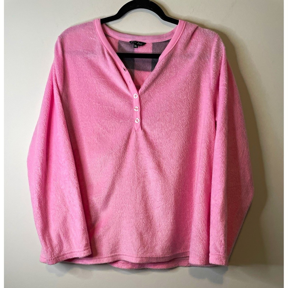 Just Love Pajama Top Women's XL Pink Fleece Henley V-Neck Long Sleeve